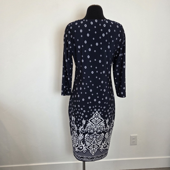 Navy Blue Batik Print Midi Dress Paisley Classic Modest Church School Teacher 6 - Picture 9 of 13